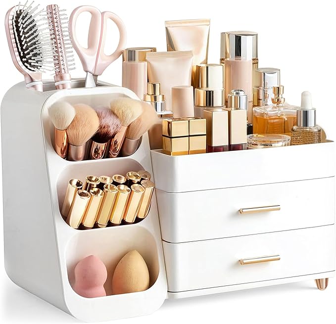 HBlife Makeup Organizer with Brush Holder for Vanity, Large Plastic Bathroom Countertop Organizer Skin Care Storage, Easy to Store Lipsticks, Nail Polishes, Perfumes, Eyeshadow Palettes, All White by HBlife