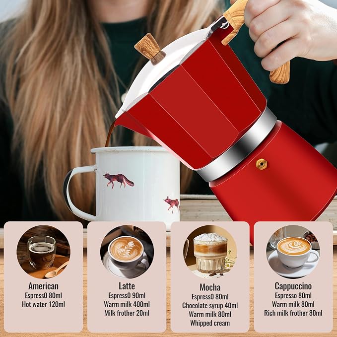 12 Cup Aluminum Moka Pot Classic Stovetop Espresso Coffee Maker 600ml 20oz Coffeemaker Percolator Mocha Pot Greca Coffee Maker Cafe Makers for Italian and Cuban Café Brewing Red - Image 7