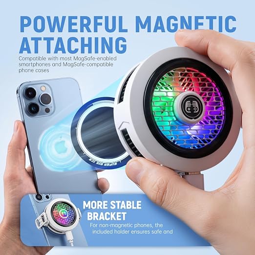 Phone Cooler for Gaming, Low Noise USB Cell Phone Cooler with Smart Temp Control, Phone Cooling Fan with RGB LED Lights, Magnetic Ring & Clip Fan for Phone Gaming & Streaming (White) - Image 3