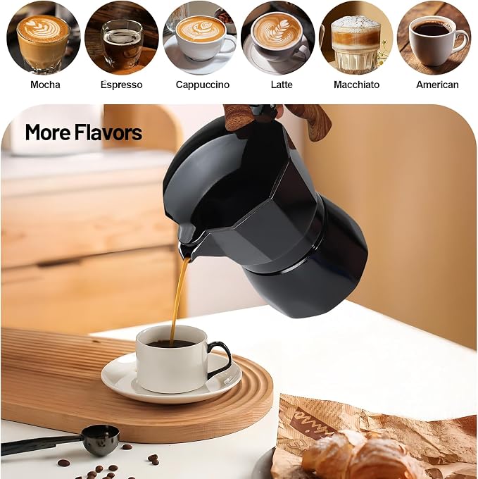 3 Cup Aluminum Moka Pot Classic Stovetop Espresso Coffee Maker 150ml 5oz Coffeemaker Percolator Mocha Pot Greca Coffee Maker Cafe Makers for Italian and Cuban Café Brewing Black - Image 7