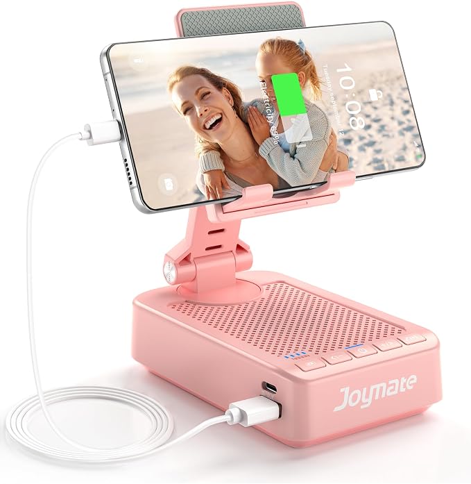 Gifts for Women Girls, Phone Stand with Bluetooth Speaker and Charging Function 360° Rotable Angle Adjustable Cell Phone Holder with HD Stereo Sound Fits All Phones,Tablet (Pink) by Joymate