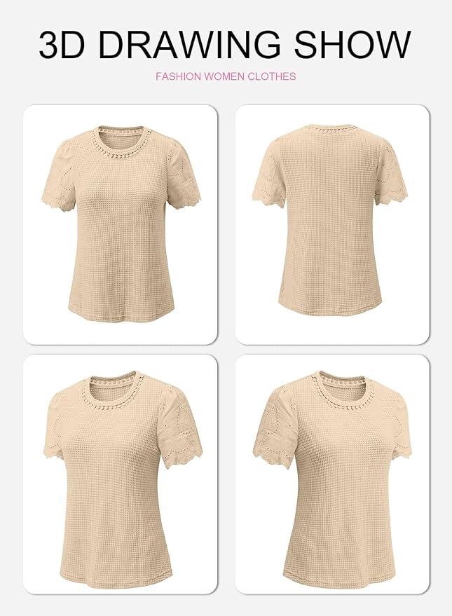 SHEWIN Womens Frenchy Summer Tops Crewneck Short Sleeve T Shirts Casual Waffle Knit Jacquard Blouses Top Shirts - Image 6