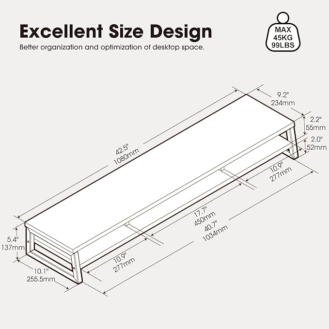 Fenge Dual Monitor Stand for Desk, 42.5in Large Monitor Riser for 2 Monitors, 2 Tier Computer Office Desk Top Shelf, Desktop Storage Stand for Laptop, PC, Computer, Printer - Image 6
