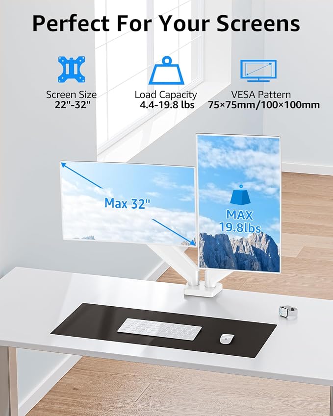 Dual Monitor Stand fits up to 32 inch, 4.4-19.8 lbs Computer Screens, Dual Monitor Desk Mount Height Adjustable, Monitor Arms for 2 Monitors, Home Office VESA Mounts, Freelift White - Image 2