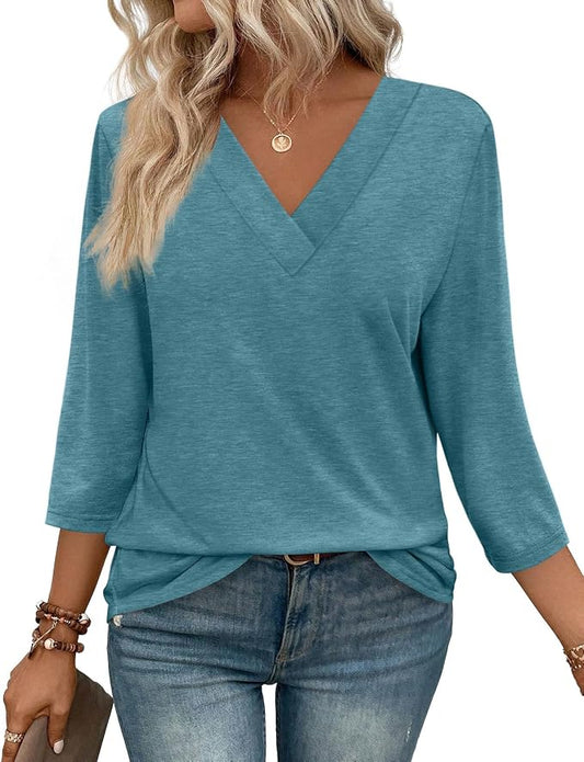 WIHOLL Womens Tops 3/4 Length Sleeve V Neck Casual Tunic Tops Basic Shirts Loose Fit Blouse by WIHOLL