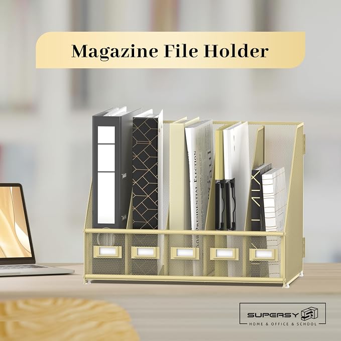 SUPEASY Desk Organizers Metal Desk Magazine File Holder with 5 Vertical Compartments Rack File Organizer for Office Desktop, Classroom, Home Workspace, Golden Yellow, Plus - Image 2