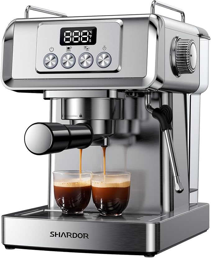 SHARDOR 20 Bar Espresso Machine for Home, Espresso Coffee Maker with Temp Display, Expresso Machine with Steam Milk Frother for Latte & Cappuccino, 60oz Water Reservoir, Stainless Steel, 1350W by Shardor
