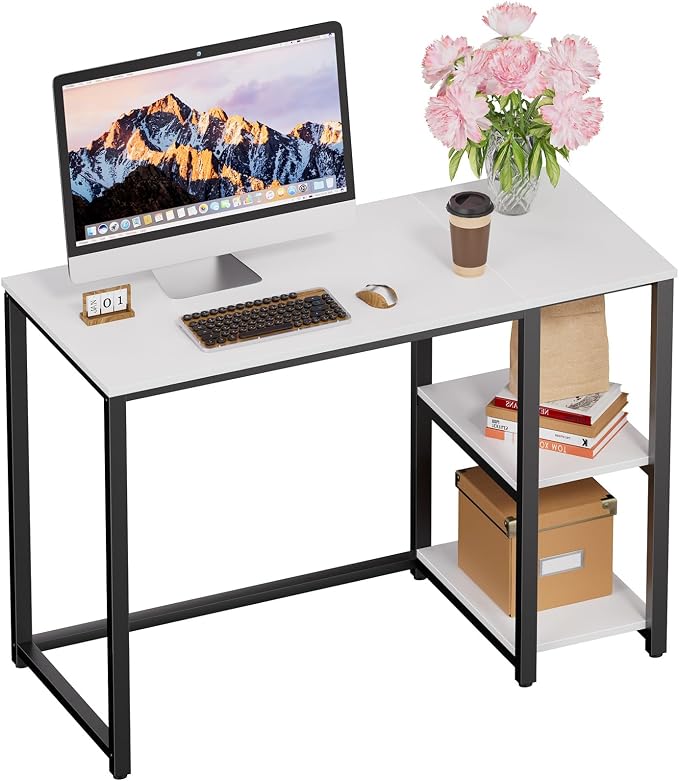 SINPAID 40" Small Computer Desk with Study Shelves for Home Office,White | Easy Assembly Study Desk, Sturdy Writing Desk for Bedroom & Home Office, Cream White by SINPAID