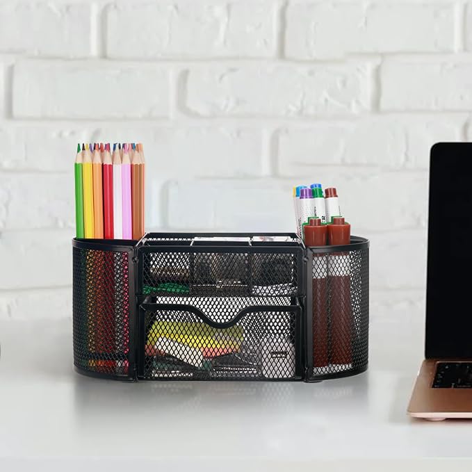 Comix Mesh Pen Pencil Holder Desk Organizer, 8 Compartment and 1 Drawer Wire Desktop Pen Pencil Cup Caddy Office Supplies Accessories for Home Office School, Black - Image 7