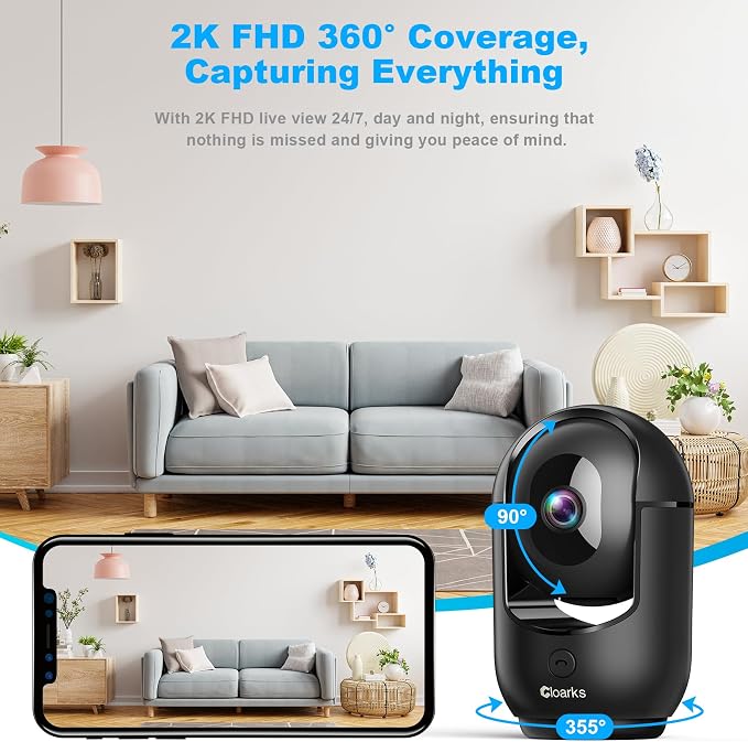 Cloarks 2K Pan/Tilt Security Camera, WiFi Indoor Cameras for Home Security with AI Motion Detection, Pet/Dog/Baby Camera with Phone App, 2-Way Audio, 24/7, Siren, TF/Cloud Storage，Black - Image 3