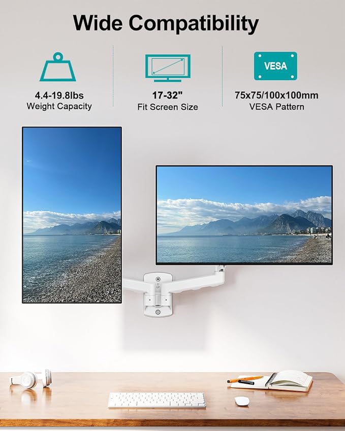 MOUNT PRO Dual Monitor Wall Mount for 13 to 32 Inch Computer Screens, Gas Spring Wall Monitor Arm for 2 Monitors, Each Holds Up to 19.8lbs, Adjustable Wall Monitor Mount with VESA 75x75/100x100, White - Image 3
