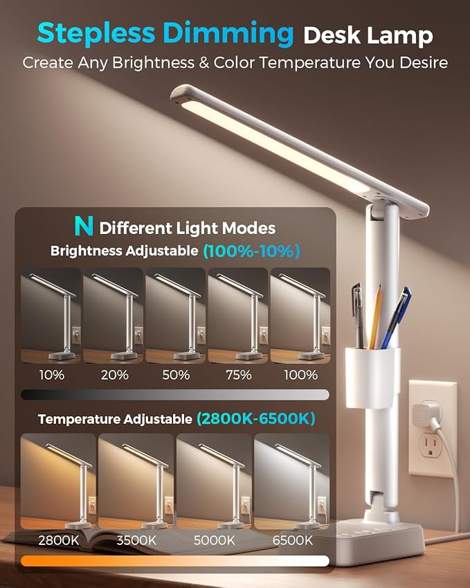 LED Desk Lamp with Power Strip, 3 AC Outlets & 4 USB Ports (2 USB-C), Stepless Dimming&2800K-6500K Eye-Caring Desk Light, Foldable Table Lamp with 10FT Cord for Home Office, Dorm Room Essentials White - Image 3