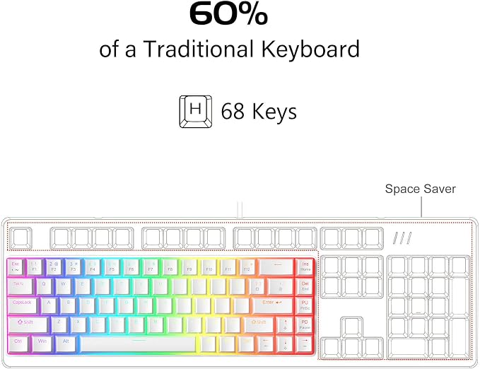 MageGee Portable 60% Mechanical Gaming Keyboard, Red Switch, PBT Pudding Keycaps RGB Backlit Compact 68 Keys Mini Wired Office Keyboard for Windows Laptop PC - White - Image 2