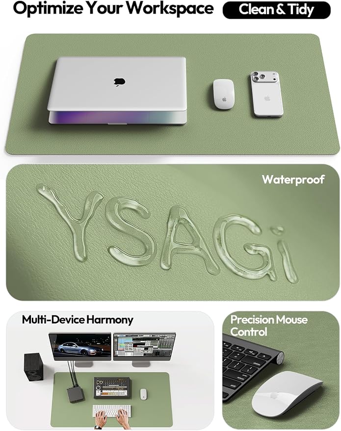 YSAGi Leather Desk Protector, Office Mat, Large Mouse Mat, Non-Slip PU Leather Blotter, Laptop Desk Mat, Waterproof Writing Pad for Office and Home (Bamboo Green, 31.5" x 15.8") - Image 8