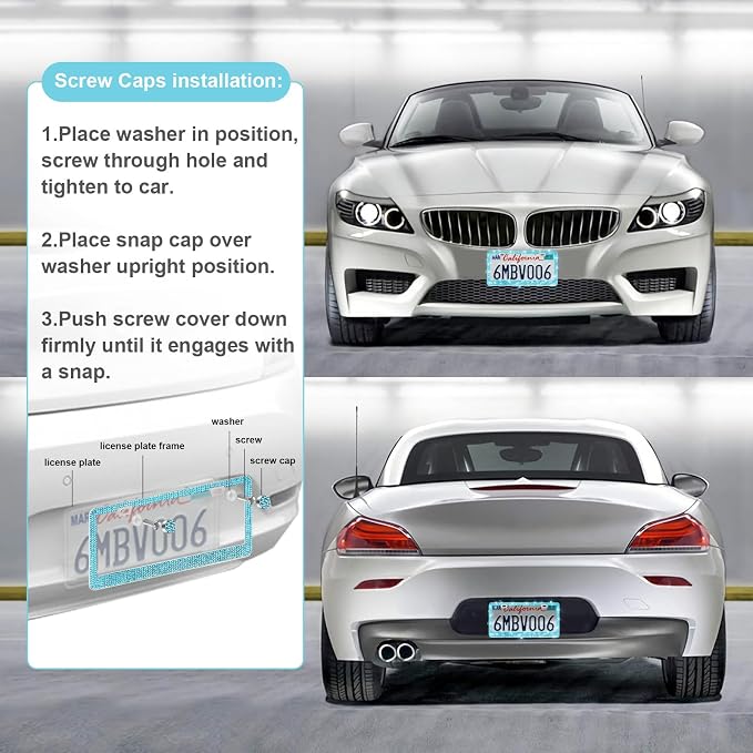 QUANQIUFEI 2 Pack Bling License Plate Frames for Women, Sparkly Rhinestone Diamond Car Accessories with Glitter Crystal Caps (Lake Blue) - Image 5