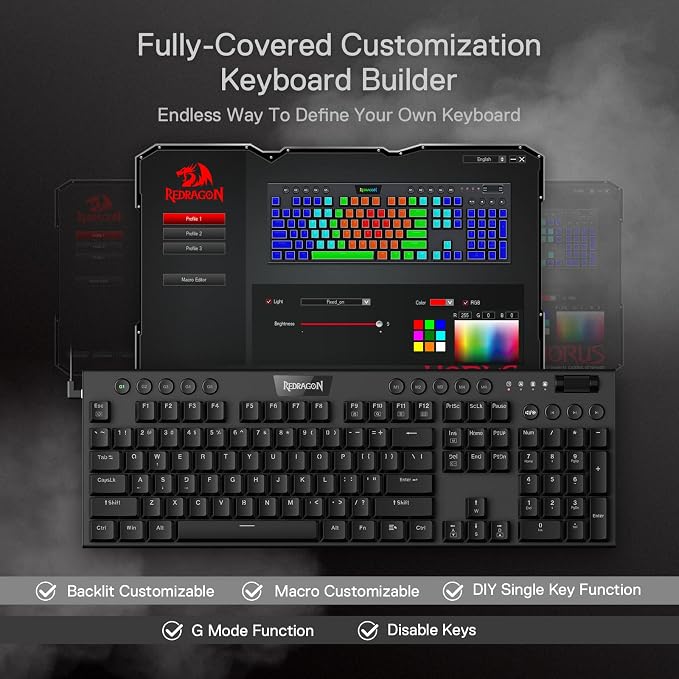 Redragon K619 Horus RGB Mechanical Keyboard, Ultra-Thin Designed Wired Gaming Keyboard w/Low Profile Keycaps, Dedicated Media Control & Linear Red Switch, Pro Software Supported - Image 7