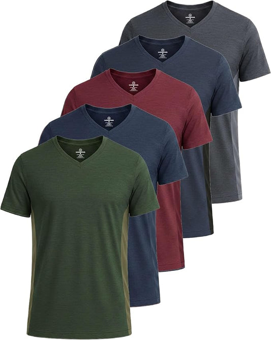5 Pack Men's Dry Fit V Neck Gym Workout T Shirts Athletic Moisture Wicking | Cooling, Quick Dry, Breathable, Short Sleeve, Exercise, Cycling, Sports, Outdoor, Fitness, Golf, Crossfit, Hiking, Tennis by RealEssentials