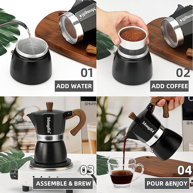 Mongdio Stovetop Espresso Maker Moka Pot, Cuban Coffee Maker Stove top coffee maker Moka Italian Espresso Greca Coffee Maker Brewer Percolator, 3 Espresso Cups, 5 oz - Black - Image 6