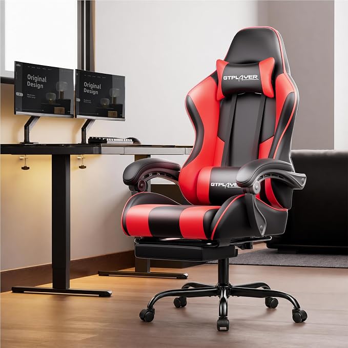GTPLAYER Gaming Chair, Computer Chair with Footrest and Lumbar Support, Height Adjustable Game Chair with 360°-Swivel Seat and Headrest and for Office or Gaming (Faux Leather, Red) - Image 2