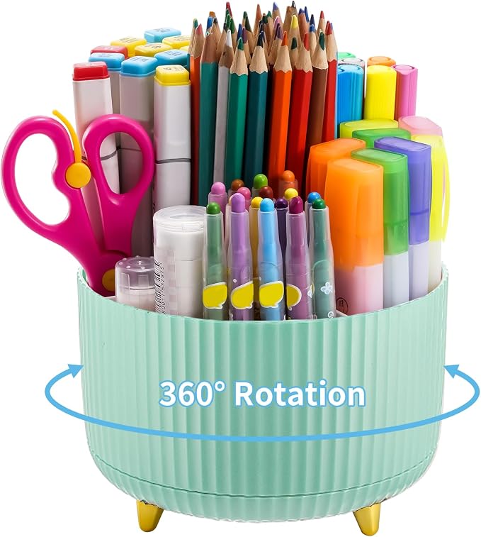 Marbrasse Desk Organizer, 360-Degree Rotating Pen Holder, Desk Organizers and Accessories with 5 Compartments Pencil Holder, Art Supply Storage Box Caddy for Office, Home (Mint Green) by Marbrasse