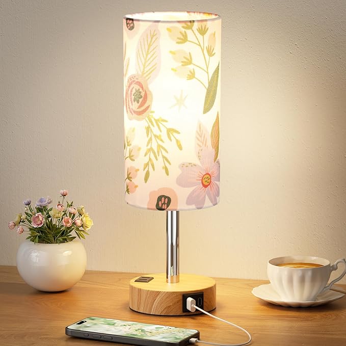 Fenmzee Floral Touch Lamp for Bedroom- 3 Way Dimmable Bedside Lamp USB C A Charging Ports and AC Outlet, Small Table Lamp Floral Linen Lampshade for Gift, LED Bulb Included by Fenmzeelighting