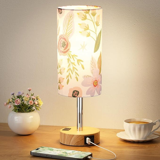 Fenmzee Floral Touch Lamp for Bedroom- 3 Way Dimmable Bedside Lamp USB C A Charging Ports and AC Outlet, Small Table Lamp Floral Linen Lampshade for Gift, LED Bulb Included by Fenmzeelighting