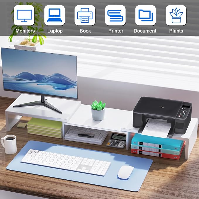 Dual Monitor Stand for Desk, Metal Computer Stand, Desk Shelf Riser,Desktop Organizer for Home and Office Use (White) - Image 3