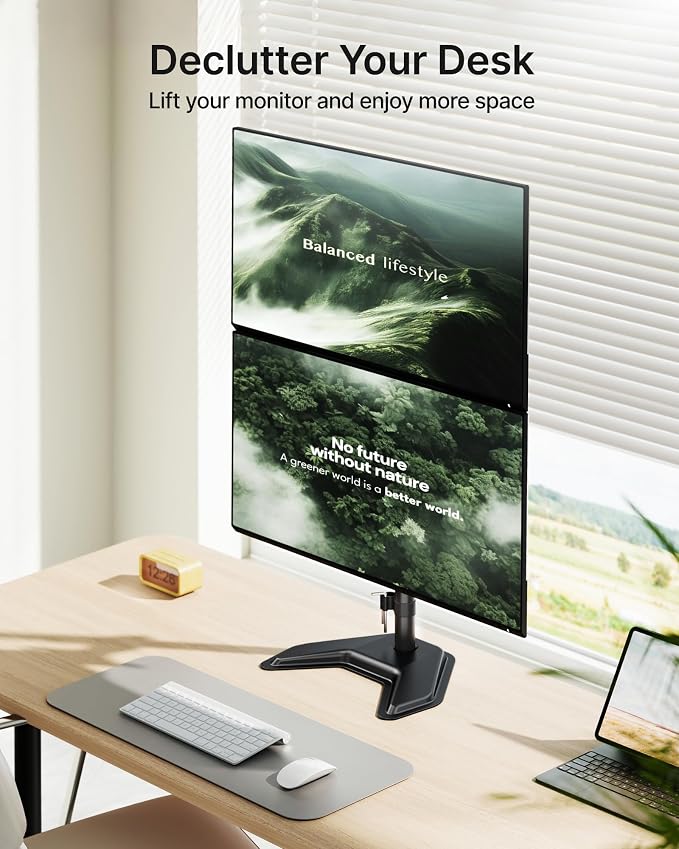 monTEK Freestanding Stacked Dual Monitor Stand for 17-32", 22 lbs Each | Solid V-shaped base, vertical dual-screen full-motion arms, height adjustment, tilt, swivel, rotation and VESA 75/100 - Image 4