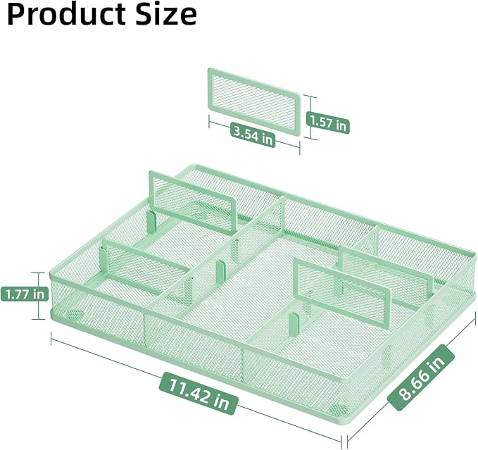 Marbrasse Desk Drawer Organizer, Metal Mesh Drawer Organizer Tray with 5 Adjustable Compartments,Desk Organizers and Accessories for Home,Office,Kitchen,Makeup,Vanity (Green) - Image 2