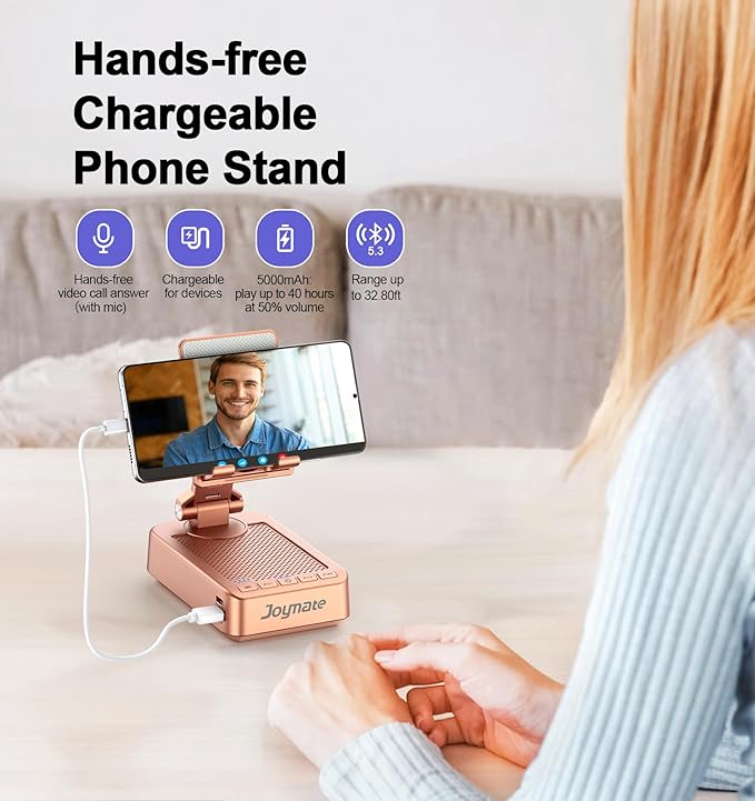 Gifts for Women Girls, Bluetooth Speaker Phone Stand with Charging Function 360° Rotable Adjustable Cell Phone Holder with HD Surround Sound for Desk Fits All Phones,Tablet (Rose Gold) - Image 2