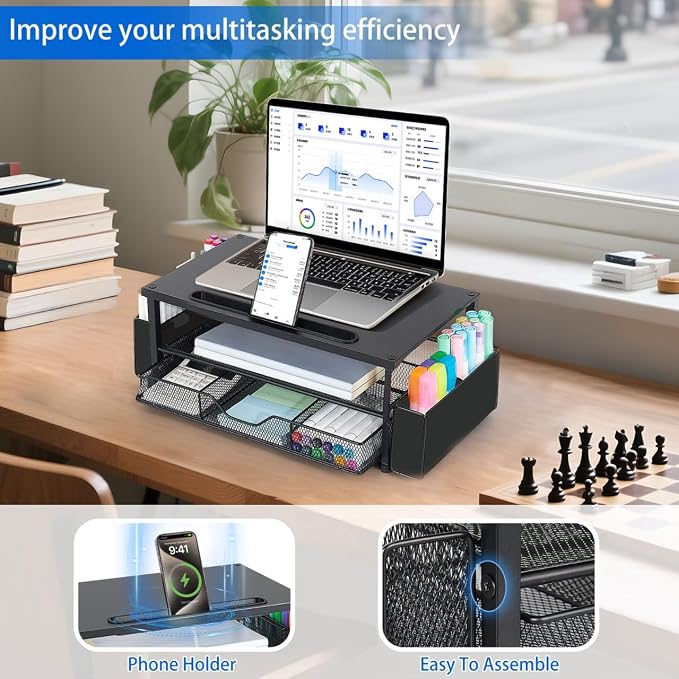 AUPSEN Wood Computer Monitor Stand Riser, 2-Tier Black Desk Organizer with Drawer, Pen Storage & Phone Holder ，Office Desk Accessories Desktop Organizer for Office Supplies - Image 3
