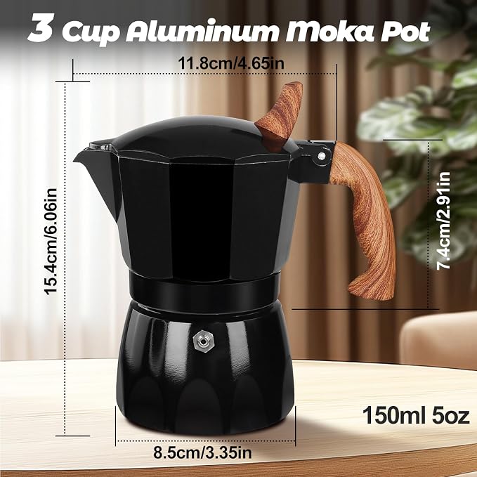 3 Cup Aluminum Moka Pot Classic Stovetop Espresso Coffee Maker 150ml 5oz Coffeemaker Percolator Mocha Pot Greca Coffee Maker Cafe Makers for Italian and Cuban Café Brewing Black - Image 2