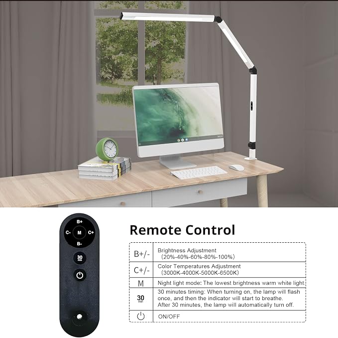 Micomlan LED Desk Lamp for Home Office, Architect Clamp Desk Lamp with Remote Control, Adjustable Dimmable Swing Arm Clamp on Table Light Clip-on Dual Light 5 Brightness Levels & 4 CCT Modes - Image 4