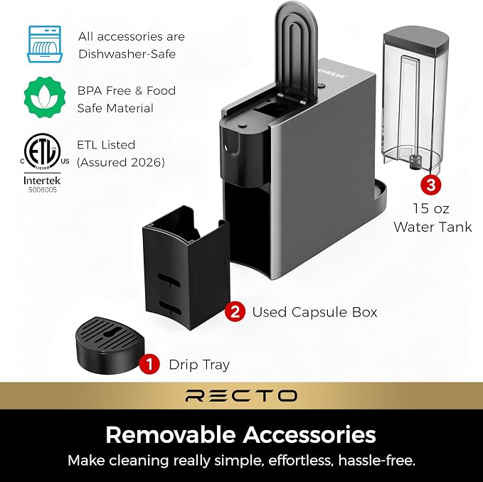CHULUX RectoCafé Espresso Coffee Machine for Nespresso Original Pod, Gray | Extra Mini Design, 20 Bar Professional Italian Pump, Food-Grade Materials, Quiet with Low-Vibration Brewing for Home & Office - Image 7