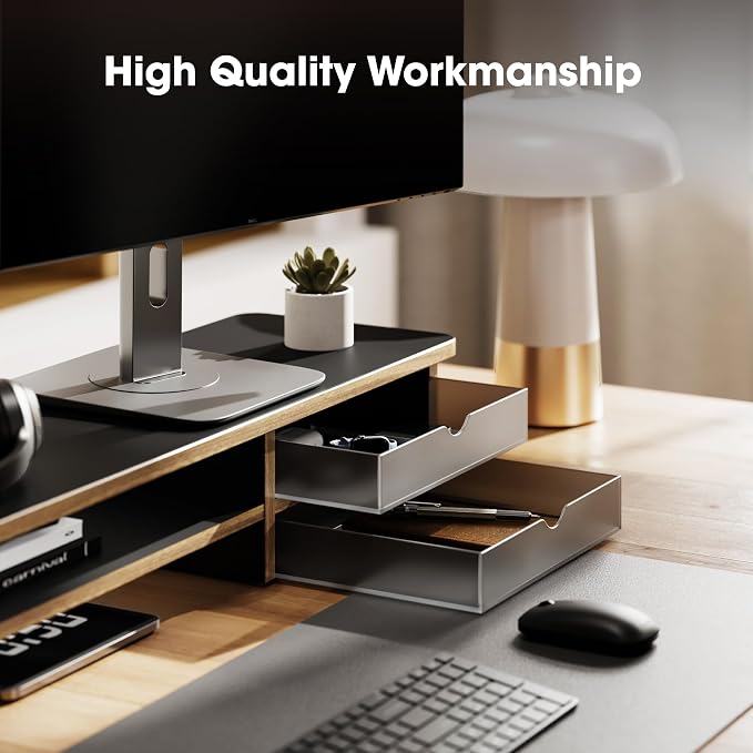Fenge Monitor Stand, Dual Monitor Riser, 42.5inch Large Desk Computer Monitor Stand Riser with Drawer, 2 Tier Wood & Acrylic Desktop Organizer with Cable Management - Image 4
