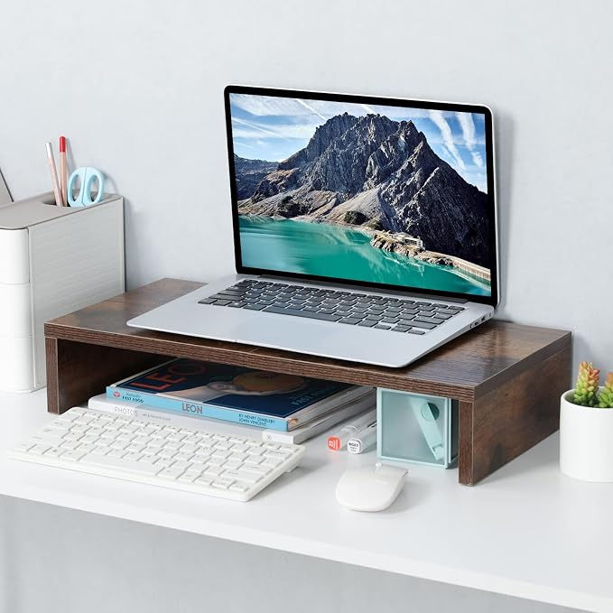 TEAMIX 20 Inch Monitor Stand Riser, Wooden Desktop Riser for TV/PC/Laptop/Printer, Rustic Brown Monitor Riser with Storage, Computer Stand Keyboard Organizer - Image 2