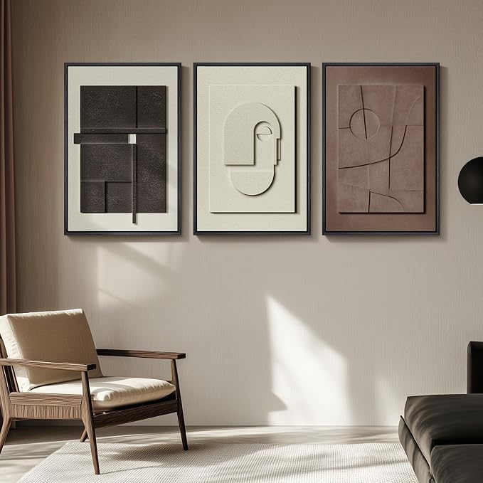 Large 3D Textured Framed Abstract Wall Art for Living Room, 3 Piece Modern Paintings Artwork for Walls, Black White Brown Geometric Sandstone Texture Pictures for Hallway Office Home Decor 24x36 In - Image 4