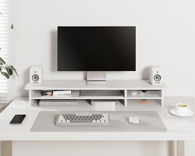 Fenge Monitor Stand, Dual Monitor Riser, 42.5inch Large Desk Computer Monitor Stand Riser with Drawer, 2 Tier Wood & Acrylic Desktop Organizer for Computer, Laptop, Printer, TV Screen Riser - Image 6