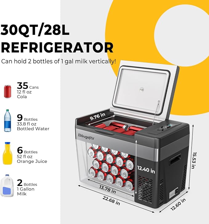 BougeRV 12 Volt Refrigerator 12V Car Fridge 30 Quart Portable Freezer Compressor Cooler Compressor Freezer, 12/24V DC 110~240V AC, -8℉~50℉ for Truck RV SUV (Black) - Image 4