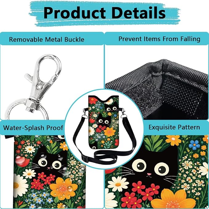 Cat Phone Pouch with Adjustable Strap Neck Lanyard Fits Most Smartphones 7.1 x 3.9 Inch Phone Crossbody Sleeve Black Cat Flower Pattern Neoprene Nylon Cellphone Carrying Case for Women Men - Image 4