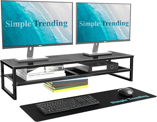 Simple Trending 2-Tier Dual Monitor Stand with Mouse Pad, Metal, Black | 32"W x 10"D x 7"H. Mesh cooling. Holds 100 lbs. Bottom tier fits keyboard & Xbox. Non-slip base. Free mouse pad. by SimpleTrending