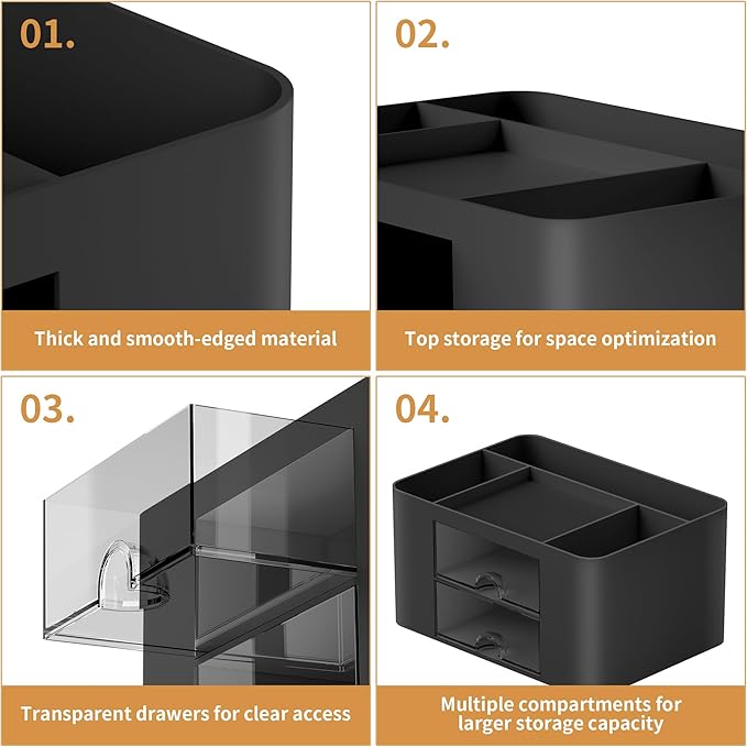 Marbrasse Pen Organizer with 2 Drawer, Multi-Functional Pencil Holder for Desk, Desk Organizers and Accessories with 5 Compartments + Drawer for Office Art Supplies (Black) - Image 6