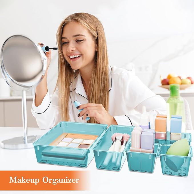 SpaceHacks 25 PCS Plastic Drawer Organizer Set, 4-Size Versatile Organizer Trays & storage Bins for Makeup, Jewelry, and Gadgets in Bathroom, Bedroom and Office, Sea Blue - Image 5