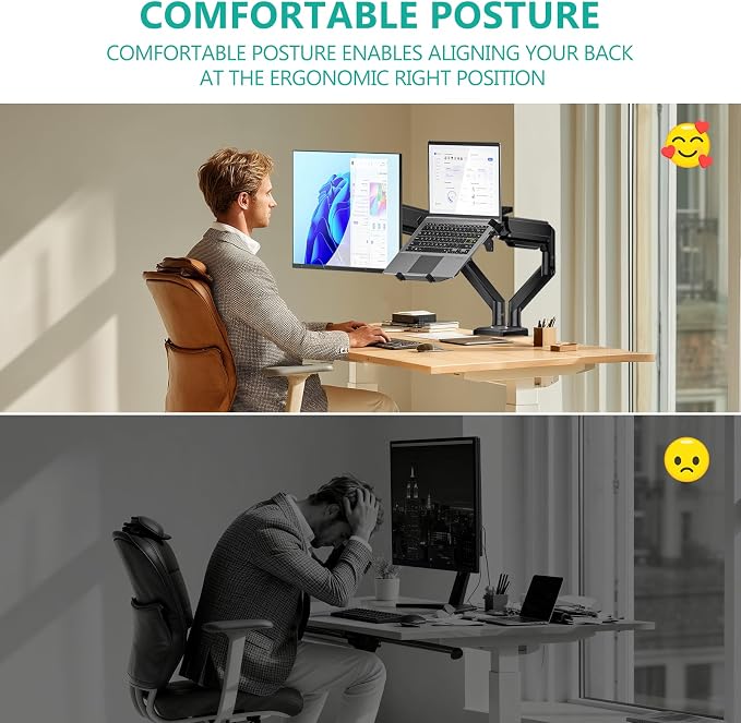 WALI Laptop Desk Mount, Dual Monitor Arm with Laptop Holder, Adjustable Height Laptop Arm Mount for Desk, Fits 17” Notebook and 32” Monitors, Up to 22Lbs (GSMP002LP), Black - Image 6