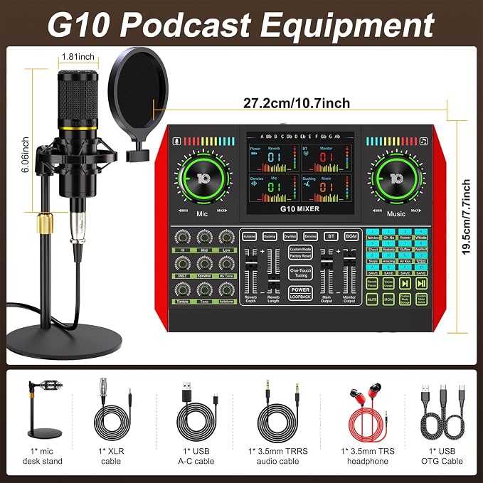 Podcast Microphone Bundle with Live Sound Card Audio Mixer, Podcast Equipment Bundle with 3.5mm Condenser Microphone for Pc/Phone Live Streaming Singing Gaming, Sound Board with Voice Changer, Denoise - Image 2