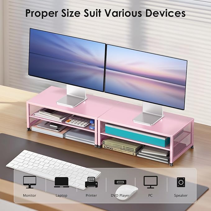 ECOLOVI 2-Tier Computer Monitor Stand Riser, Desk Organizer for Monitor, Printer & Laptop Stand, Desktop Workspace Organizers for Office Supplies(Pink) - Image 4