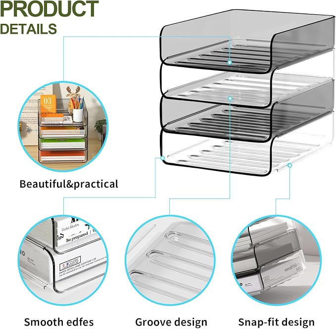 FANXIYQ 4-Tier Acrylic Paper Tray Organizer, 2-Tone Office Paper Organizer | Stackable, Tool-Free Design with 2-4 Tiers for A4 Paper, Files, Books and Mail; Ideal for School, Home Office and Study Room - Image 8