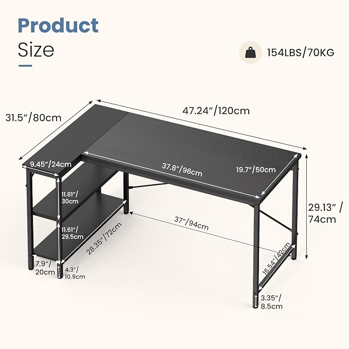 DUMOS L Shaped Computer Desk, 47" Gaming Corner Desks with Shelves | Home Office PC Table, Writing Working Study Desk with Reversible Layout, Bedroom Dorm, Black - Image 3