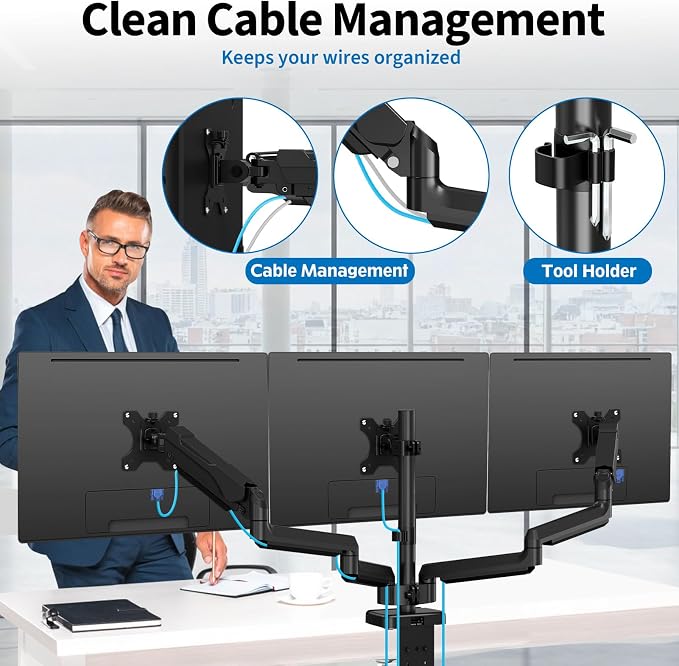 Triple Monitor Desk Mount for Computer Screens up to 32", Holds up to 19.8 lbs Each, 3 Monitor Arm, Heavy Duty Stand Vesa Mount 75x75, 100x100 - Image 7