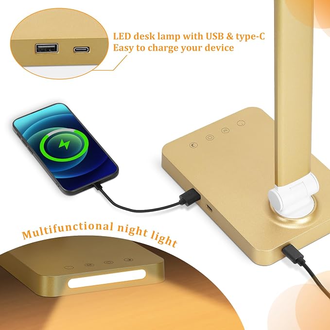 LED Desk Lamp with USB Ports,Touch Desk Lamps for Home Office with 5 Modes | 3 Brightness Desk Light with Small Night Light,Reading Lamp Table Lamp for Bedroom Bedside Study Gold （with adapter） - Image 4